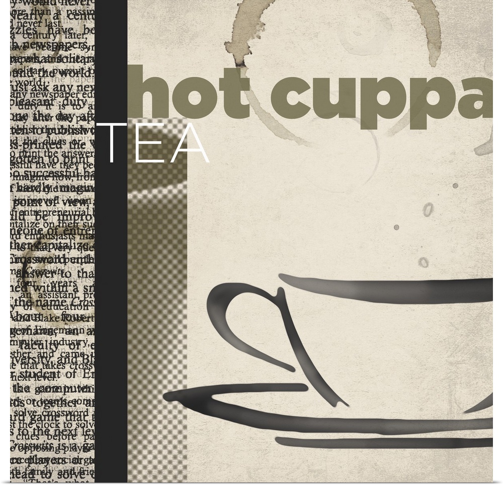 Decorative artwork of a cup and text on the side with "Hot Cuppa Tea".