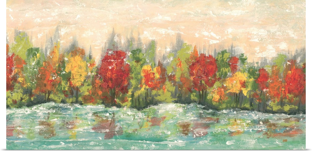 Contemporary painting of a forest in the fall reflecting in the water.