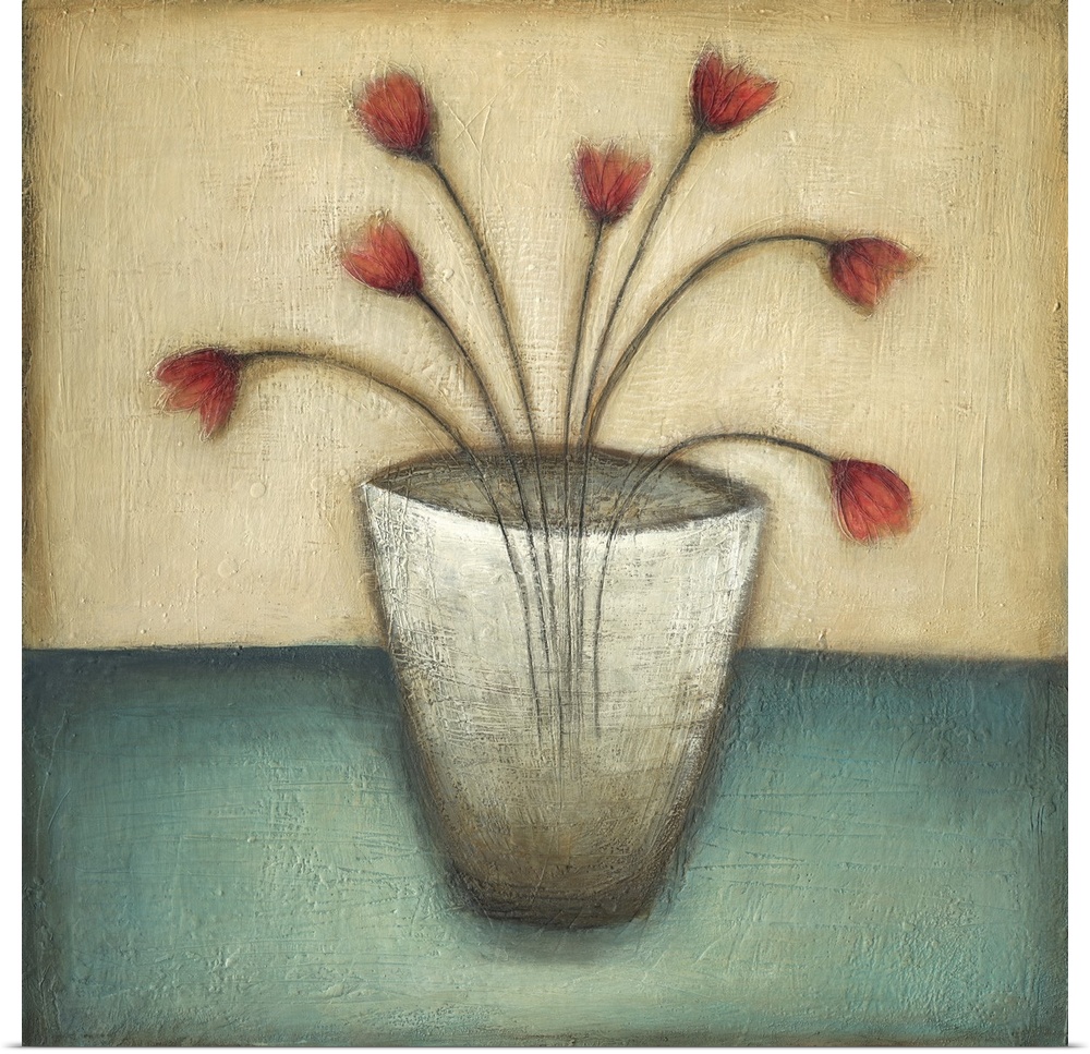 Contemporary painting of red tulips within a vase in soften tones of brown, red and blue.