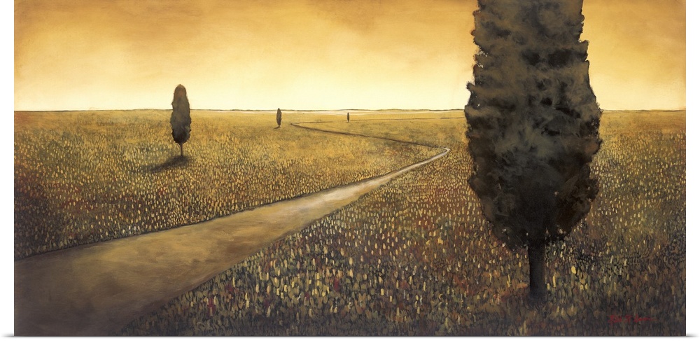 A contmeproary painting of a country road lined by trees, winding through a field in warm tones.