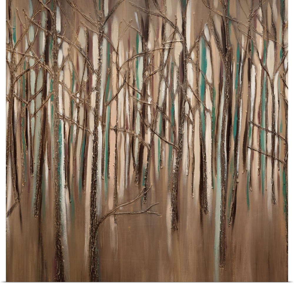 Contemporary painting of a forest of trees in textured lines of brown, teal and cream.