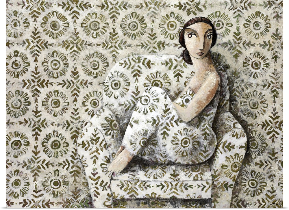 A portrait of a woman sitting on a plush chair with a repetitive floral pattern on the chair, clothes and background, pain...