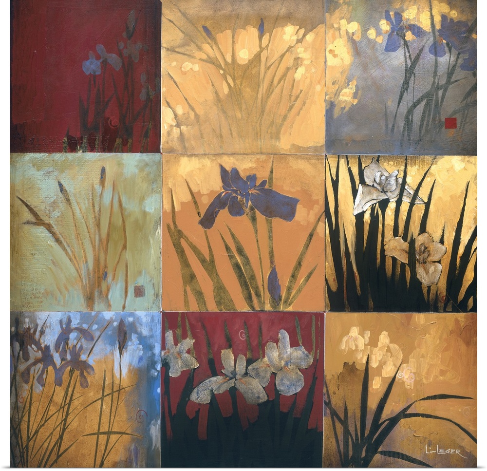 A contemporary painting of irises in a nine square grid design.