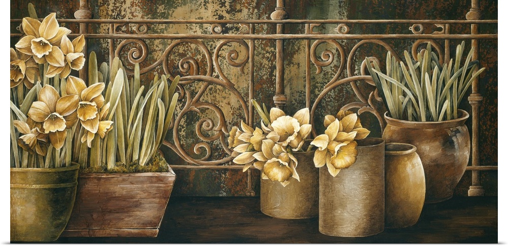 Painting of vases full of daffodils next to a decorative iron gate.