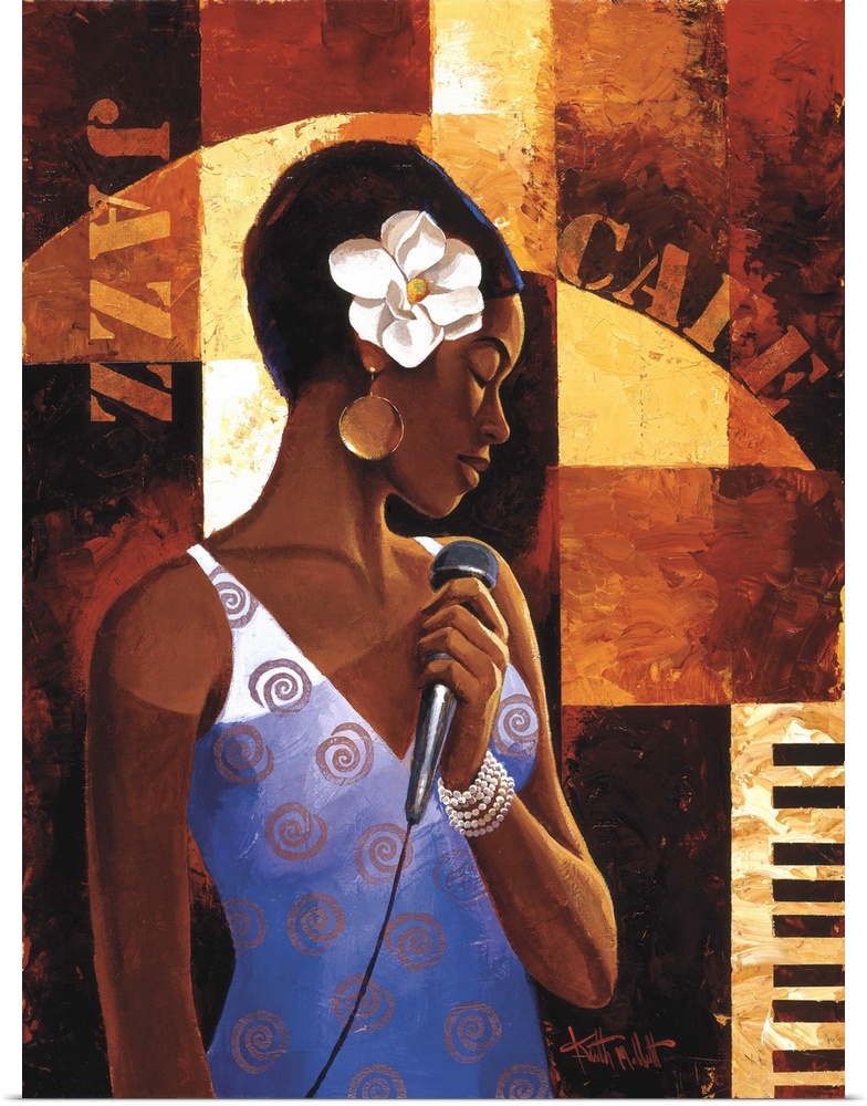 Contemporary painting of a jazz singer holding a microphone.