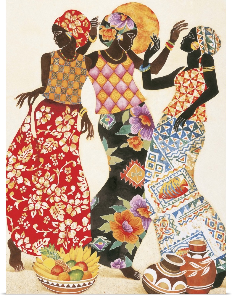 Three African women in beautiful patterned robes celebrating.