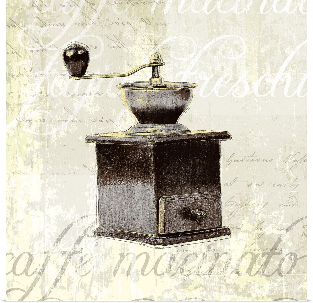 Decorative artwork of a vintage coffee grinder on a beige backdrop that has distressed text in white and gray.