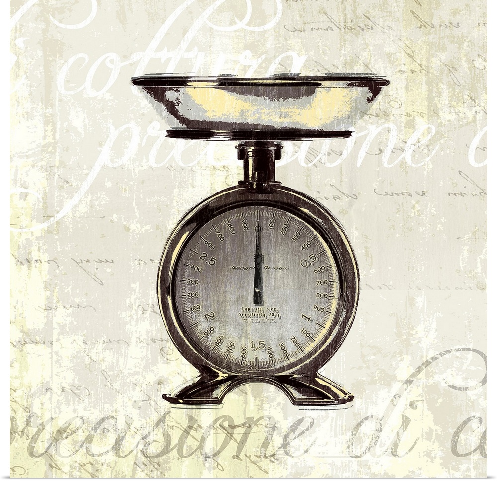 Decorative artwork of a kitchen weight scale on a beige backdrop that has distressed text in white and gray.