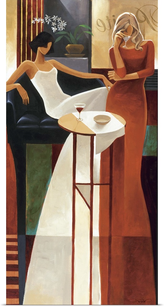 Contemporary painting of two women in evening gowns with wine.