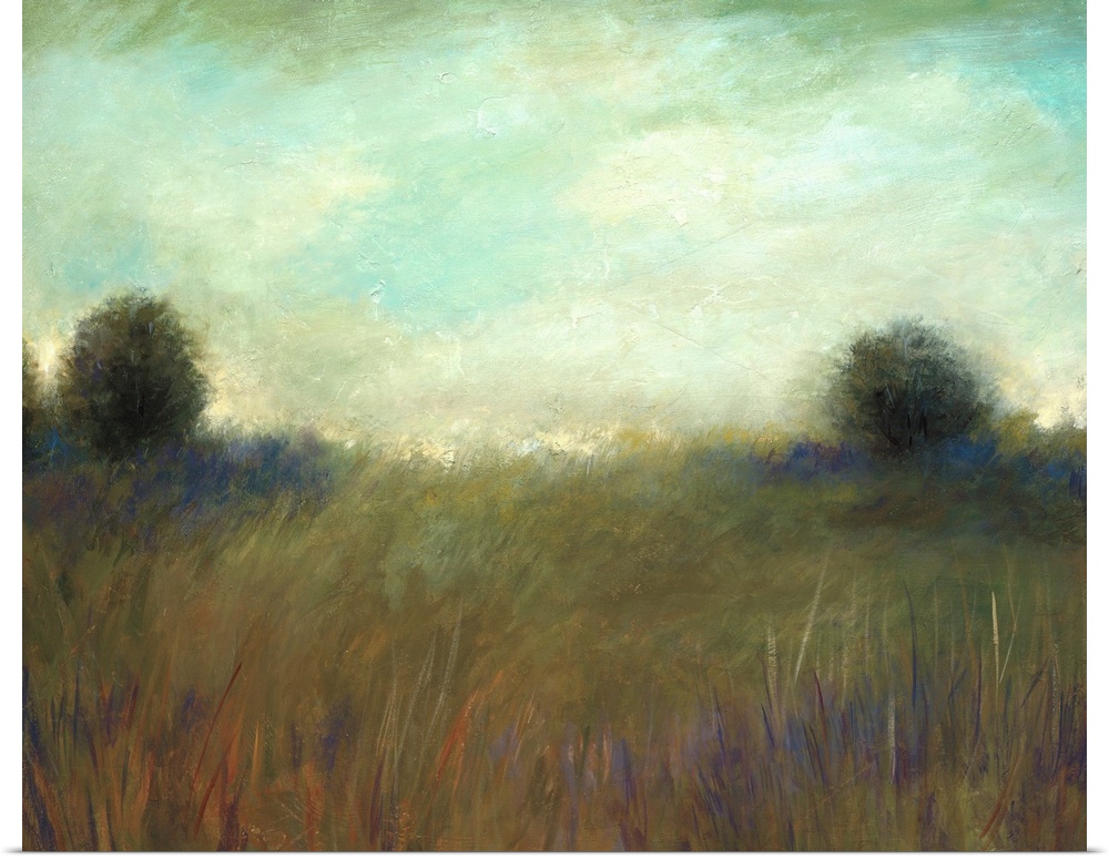 A muted contemporary painting of tall grass in a field with a line of trees in the background.