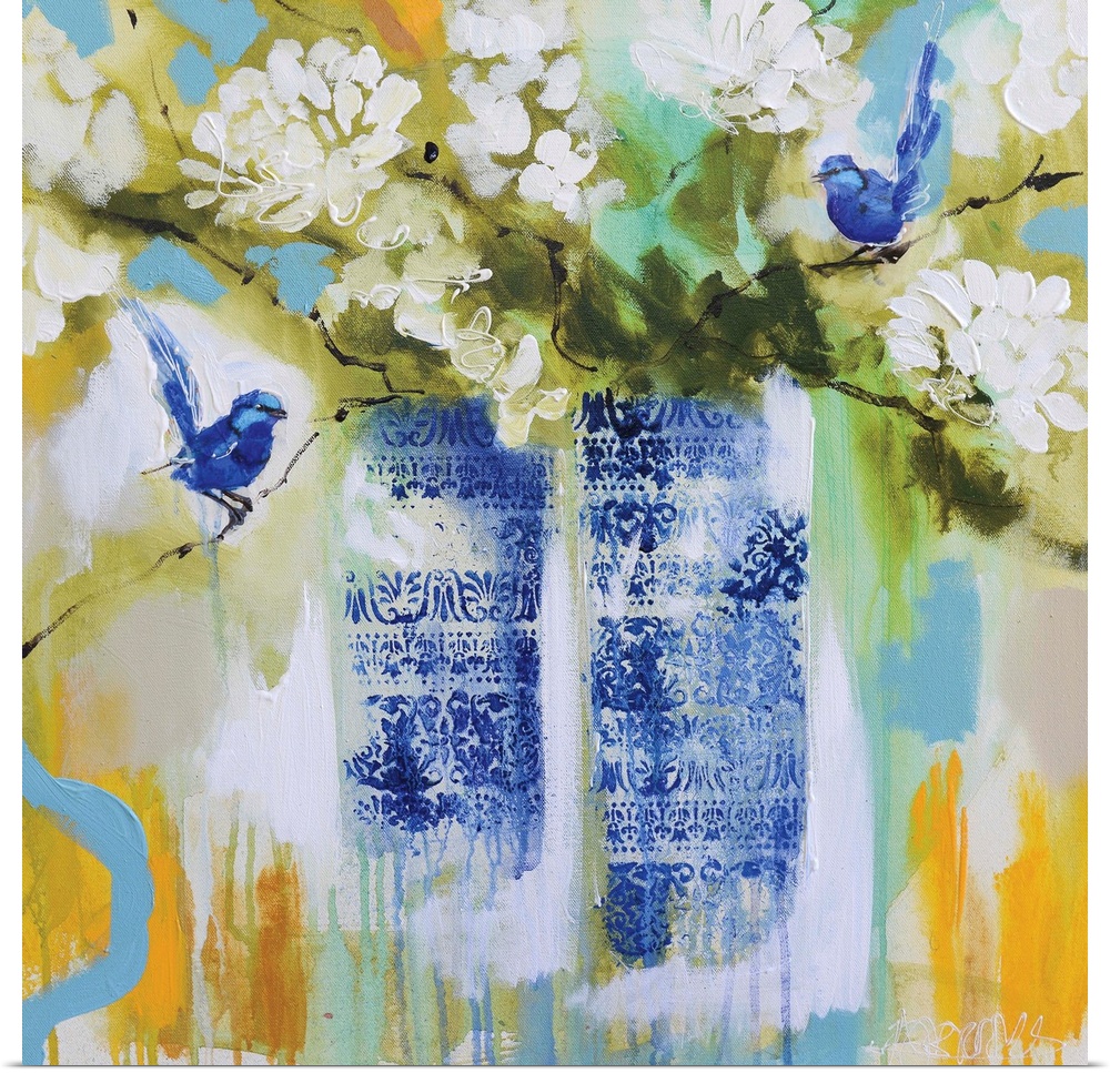 Square painting of two vases, with a blue floral design, full of white flowers and two blue birds perched on limbs.