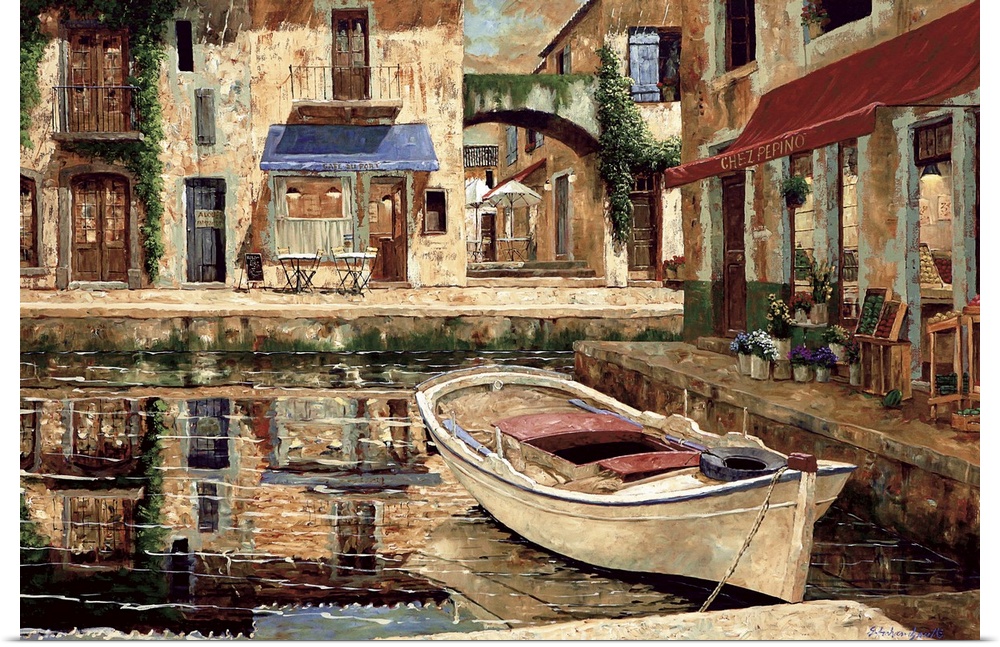 Contemporary painting of a boat docked near shops in Europe.
