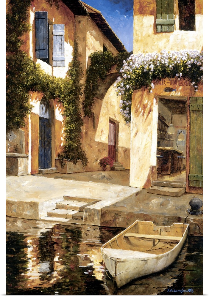 Painting of a boat docked near stairs in a European village.