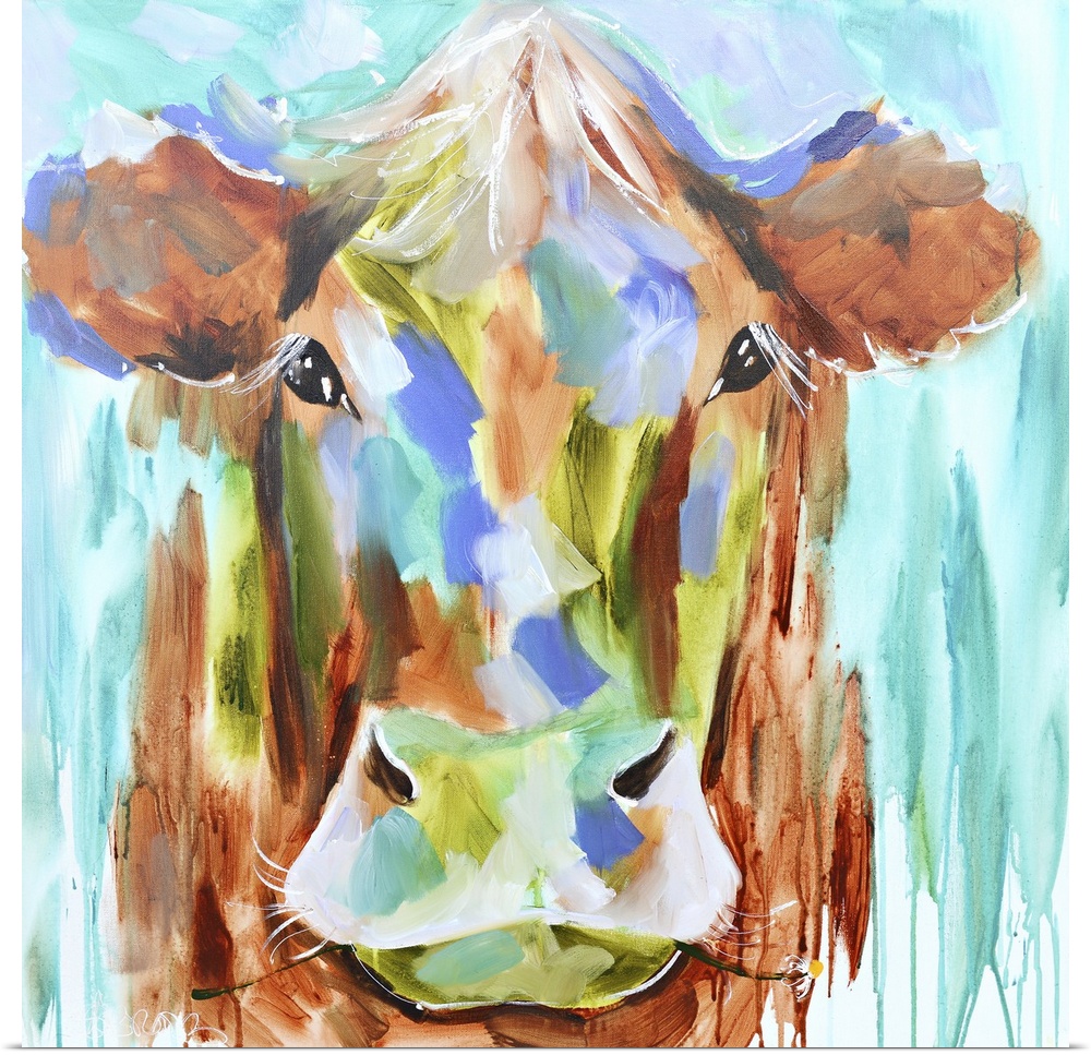 A contemporary square painting of the face of a cow done in multiple colors with strokes of blue in the background.