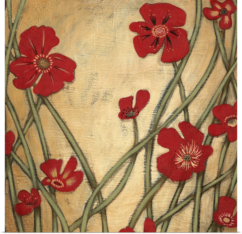 Contemporary painting of a group of red flowers with tall stems against a yellow backdrop.