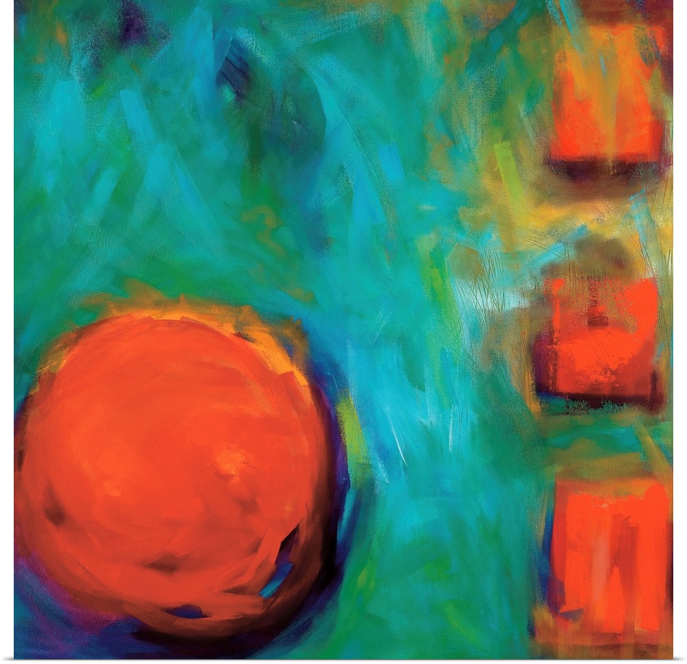 Abstract square painting of a large circle and three small squares on the right in orange surrounded by a textured blue/gr...