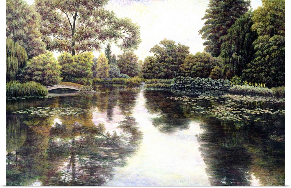 A traditional landscape of a park reflecting in the pond with a small bridge.