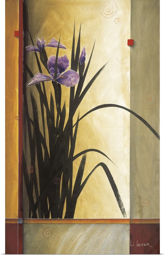 A contemporary painting of purple irises bordered with a square grid design.