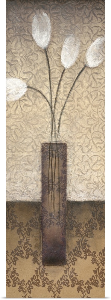 A long contemporary painting of a vase of white tulips with floral patterned backdrop.