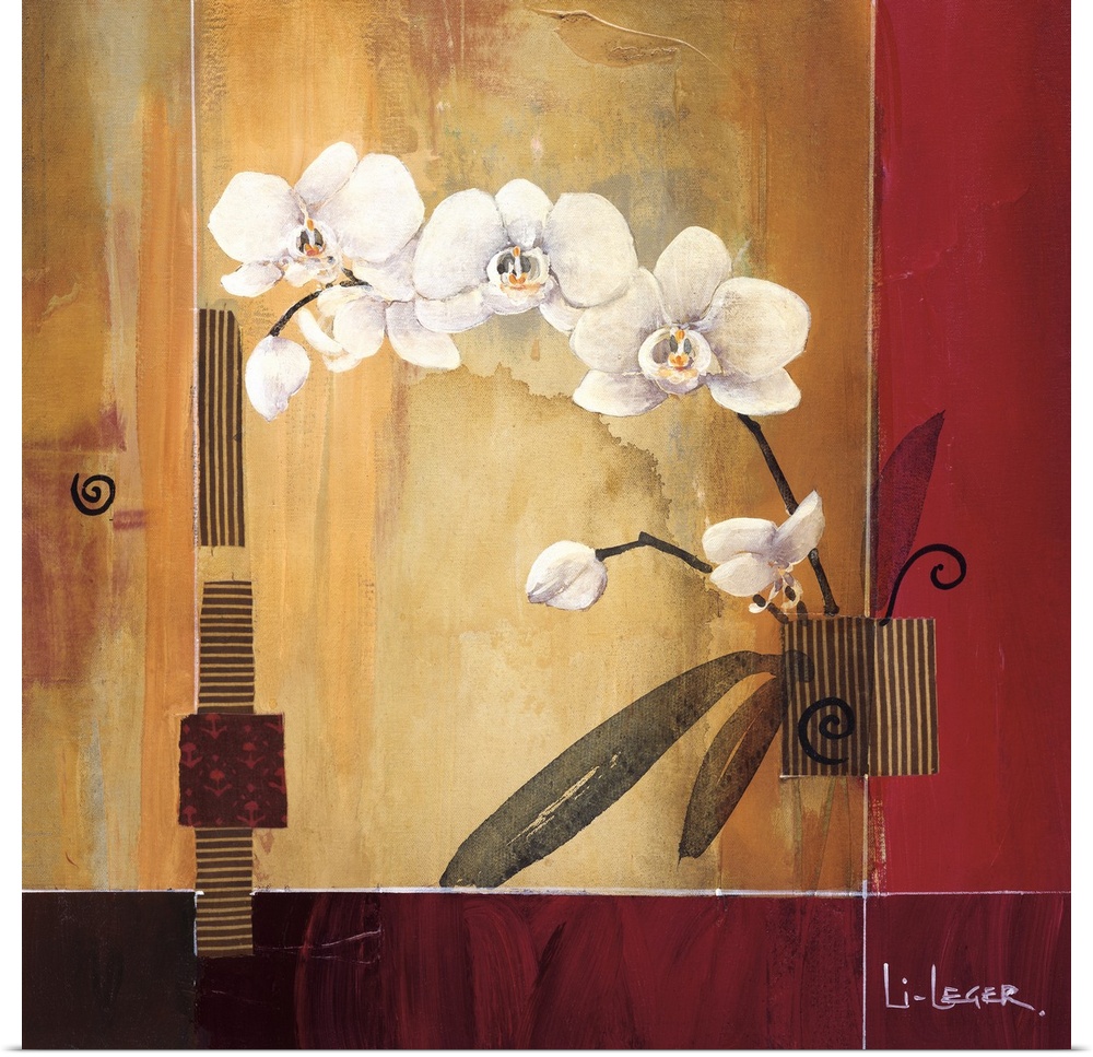 A contemporary painting of white orchids bordered with a square grid design.