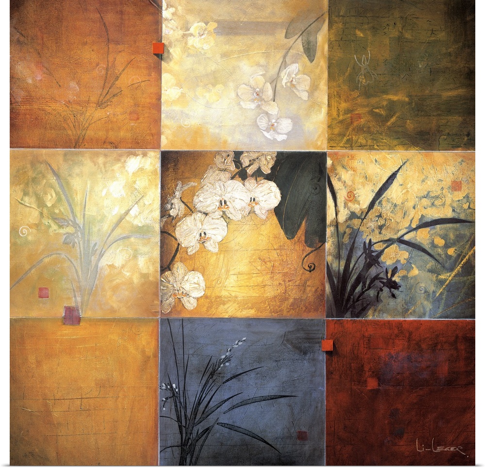 Square painting of nine images of orchids in different colors and views.