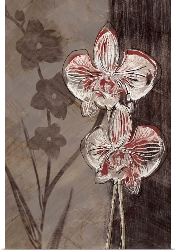 Vertical artwork of white and red orchids in a sketch style with a black border on the right.