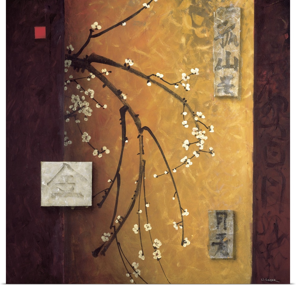 A contemporary painting of white cherry blossom flowers bordered with a square grid design.