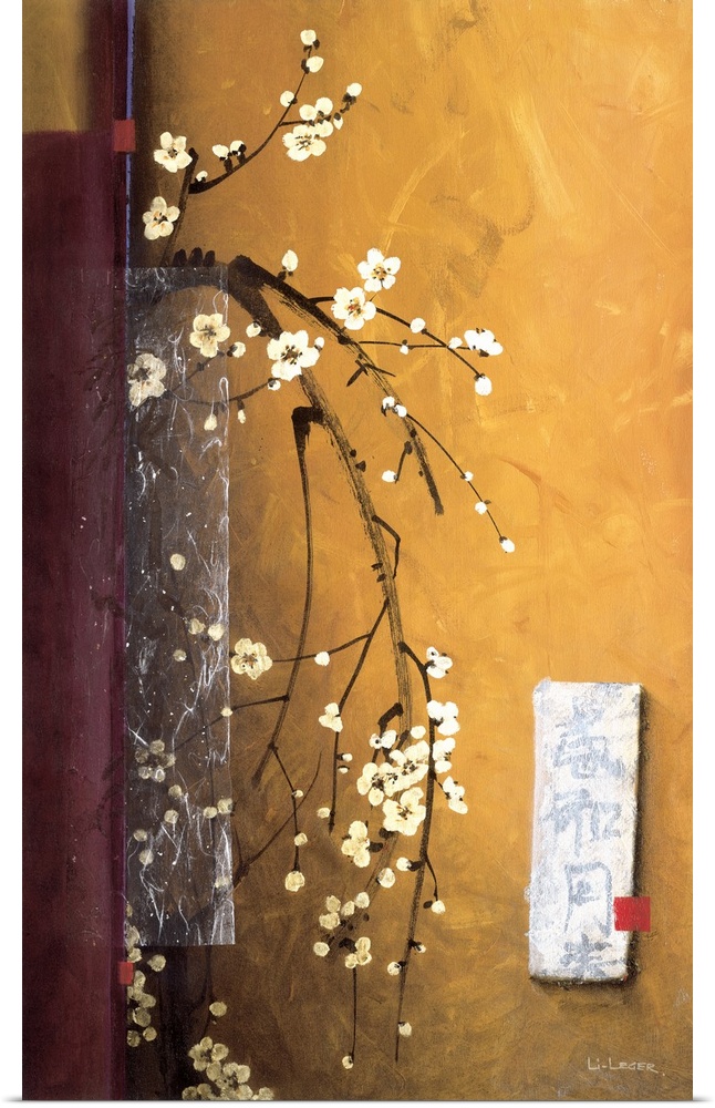 A contemporary painting of white cherry blossoms bordered with a square grid design.