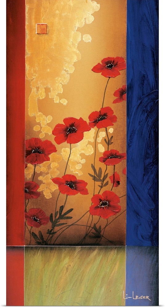 A contemporary painting with red poppies bordered with a square grid design.