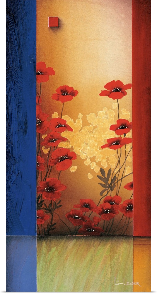 A contemporary painting with red poppies bordered with a square grid design.