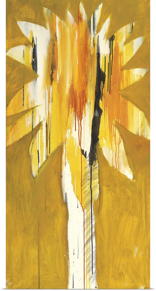 A modern painting of a single palm tree in vibrant colors of yellow.