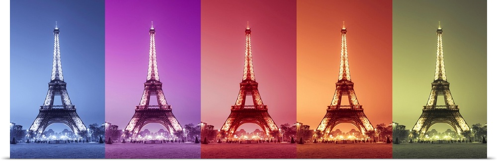 A panoramic image of the Eiffel Tower in multiple bright colors.