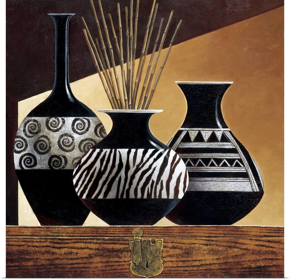 Still life painting of three vases with black and white patterns.