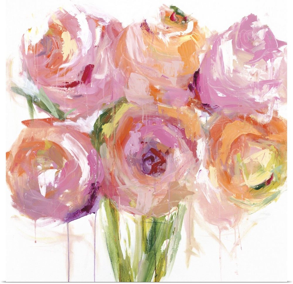 Square painting of large peony blooms in bright shades of pink, orange, white and red.