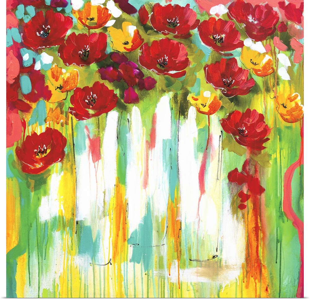 Square contemporary painting of a bunch of red and yellow poppies in vases.