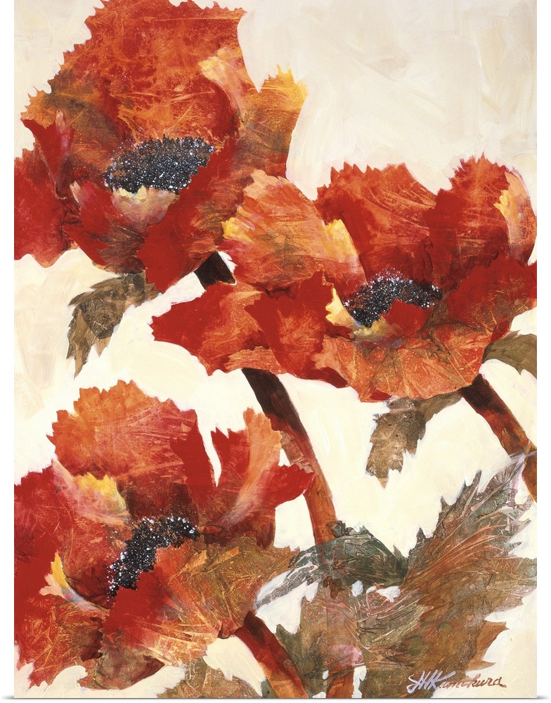 Vertical painting of a group of textured red poppies against a neutral backdrop.