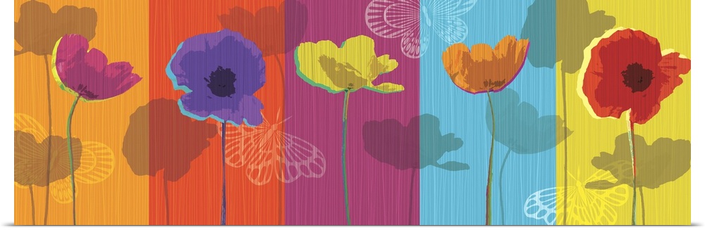 A long horizontal design of different colored poppies with white butterflies against bright colored panels.