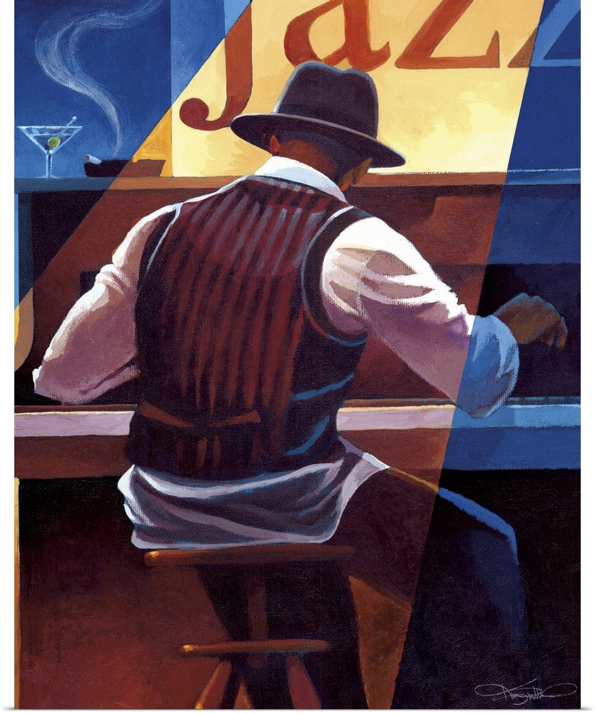 Contemporary painting of a jazz musician playing the piano.