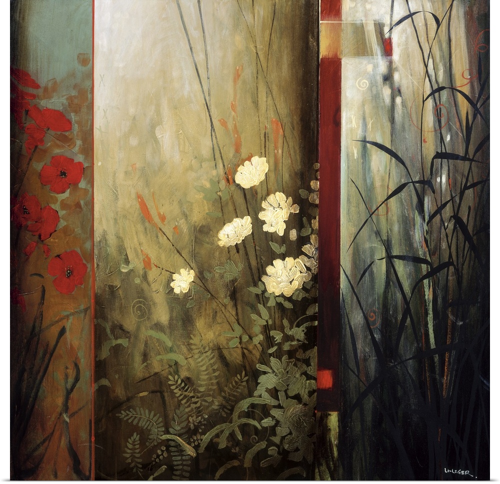 A contemporary painting of red and white flowers separated in a paneled design.