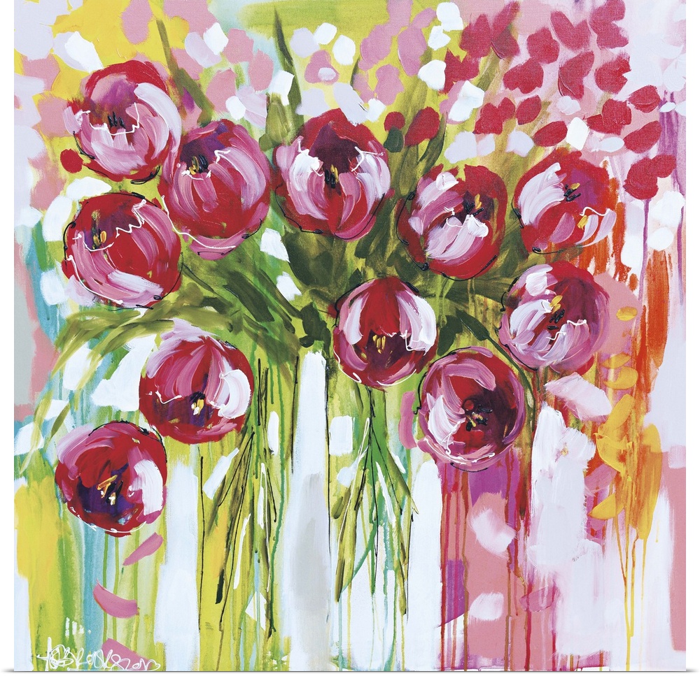 Square contemporary painting of a bunch of pink tulips in vases.