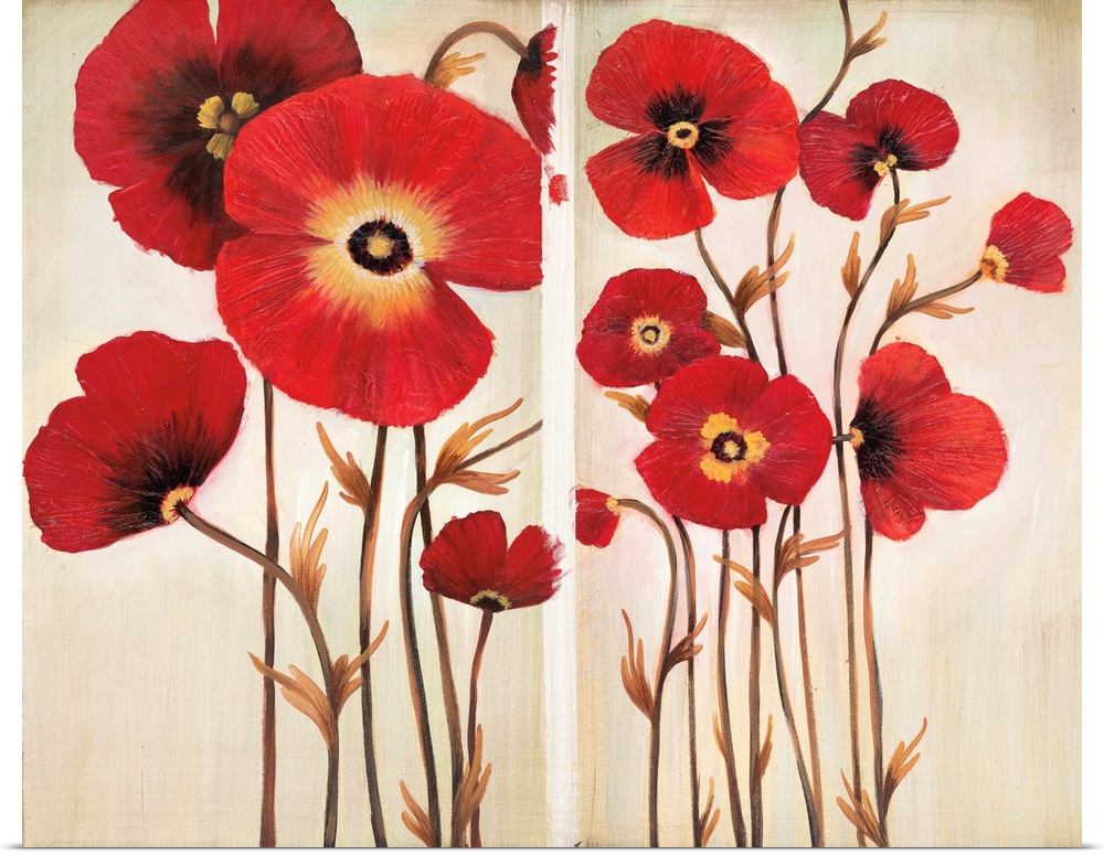 Horizontal painting of a group of red flowers against a neutral backdrop.