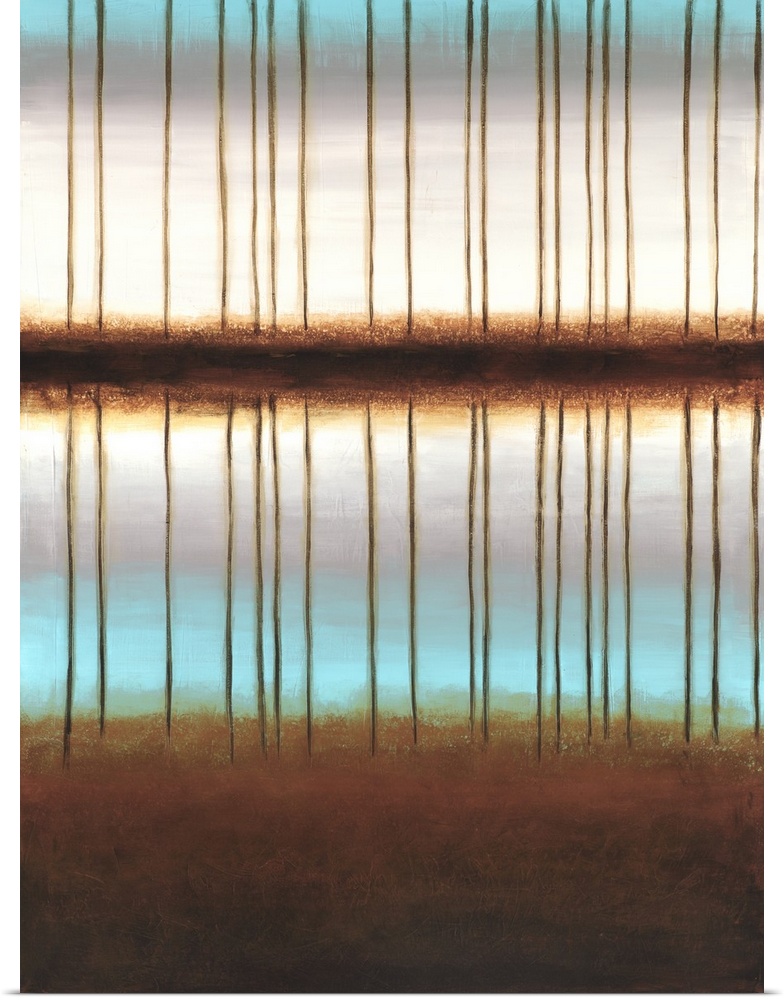 Vertical painting of a row of bare trees reflecting in a clear body of water in hues of brown, blue and gray.