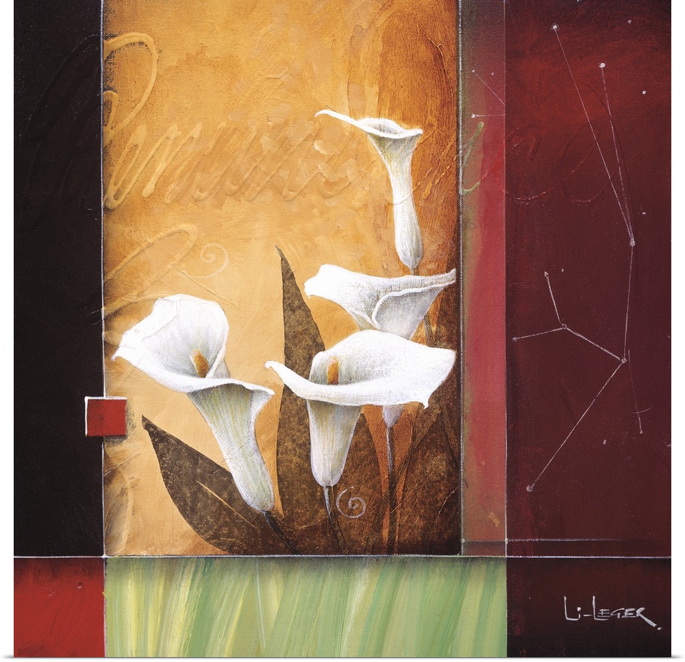 A contemporary painting of Calla Lilies bordered with a square grid design.