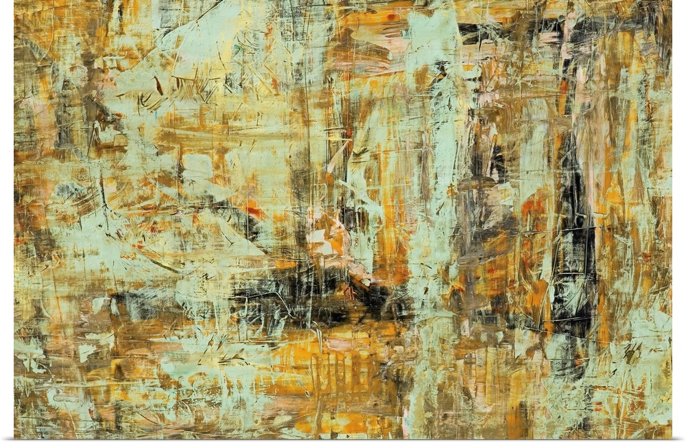 Horizontal abstract in a textured paint of colors of yellow, brown and gray.