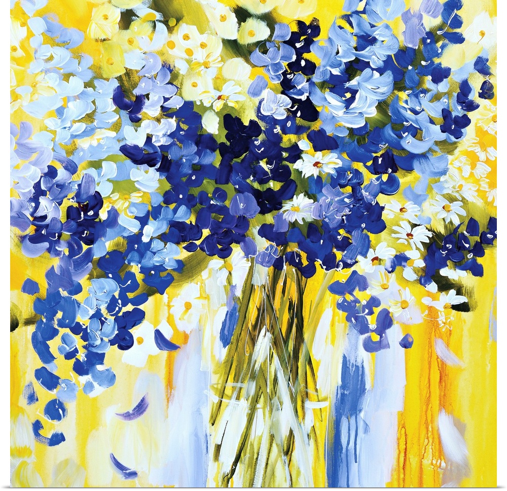 Square painting of blue and white blooms on a bright yellow background.