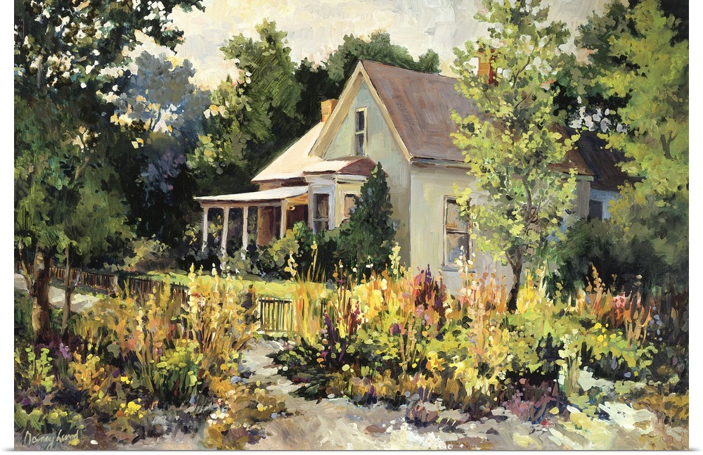 Traditional complementary painting of a house with a blooming garden of flowers in the rural countryside.