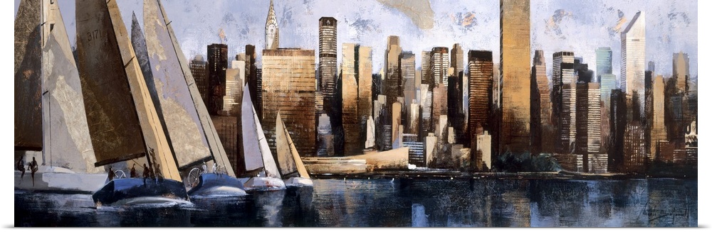 A horizontal painting of sail boats on the Hudson River with the New York cityscape behind.
