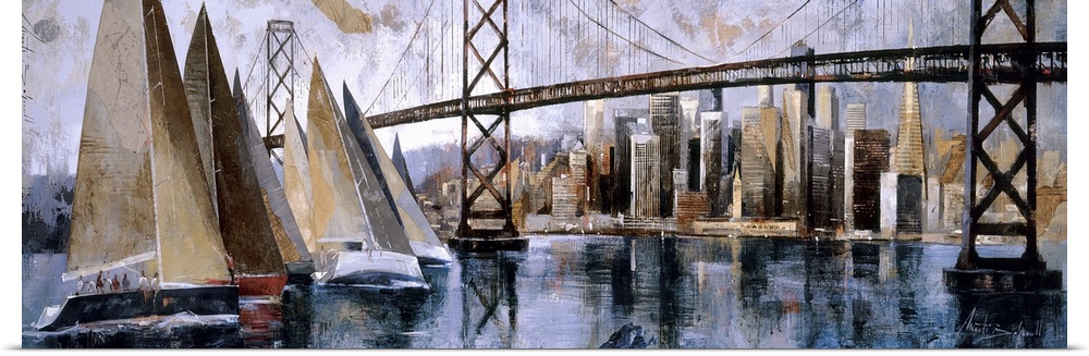 A horizontal painting of sail boats on the bay with the San Francisco cityscape behind.