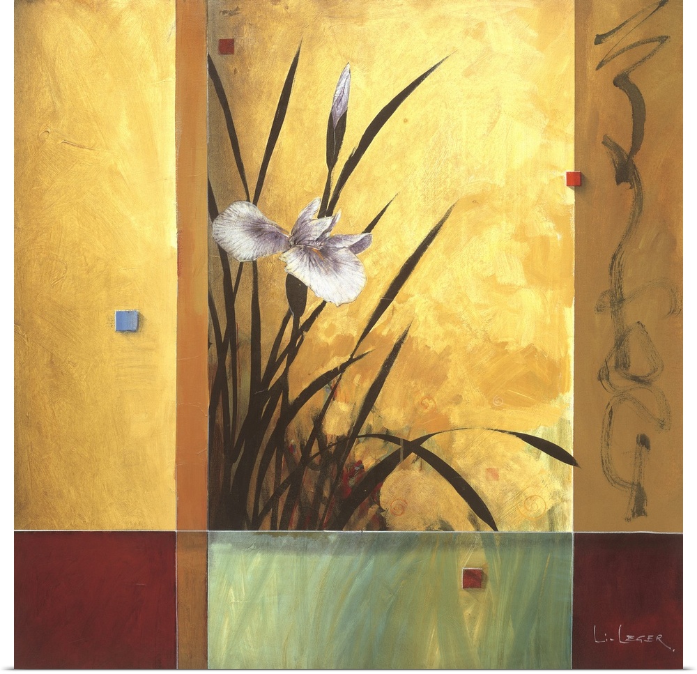 A contemporary square painting of irises with a square grid design.