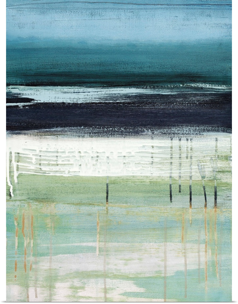 A modern abstract landscape of a beach scene in bold brush strokes of  gray green and blue.